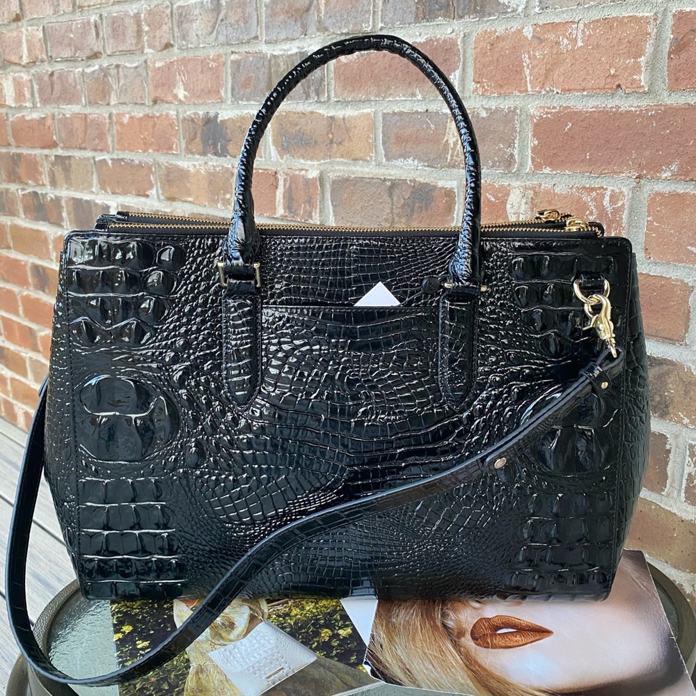 Brahmin Black Croc-Embossed Leather Satchel - Picture 7 of 11